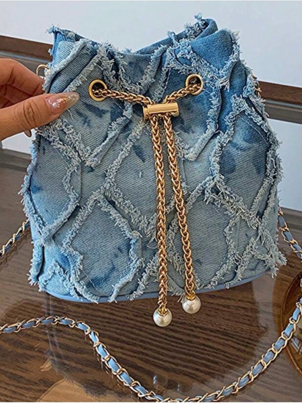 Medium Blue Frayed Checkered Vegan Leather Straps Denim Mini Bag